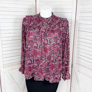 Michael Michael Kors Paisley Ruffled Button Front Blouse Red Blue Large